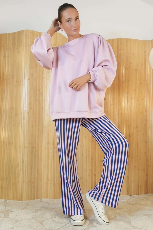 Shoreditch Stripe Lounge Flare Trouser Navy & Sweetpea /14=